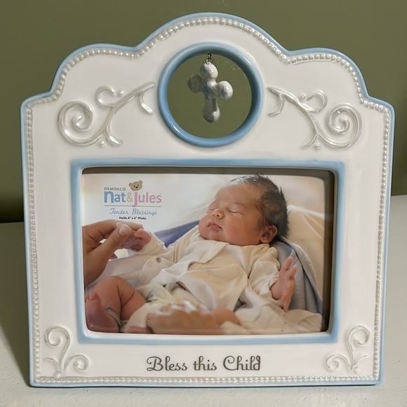 Nat & Jules Baptismal Picture Frame Blue White 4x6 photo - Picture 4 of 8